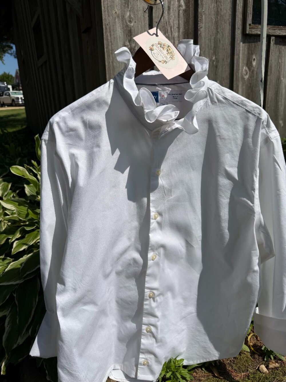 Upcycled White Oxford Shirt Ruffle Collar Blouse, Cottagecore Parisian Chic  XXL